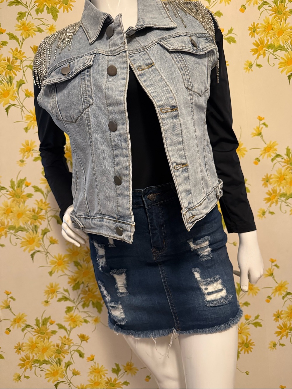 Sleeveless Light Blue Denim Jacket Vest with Chain Fringe size S/M